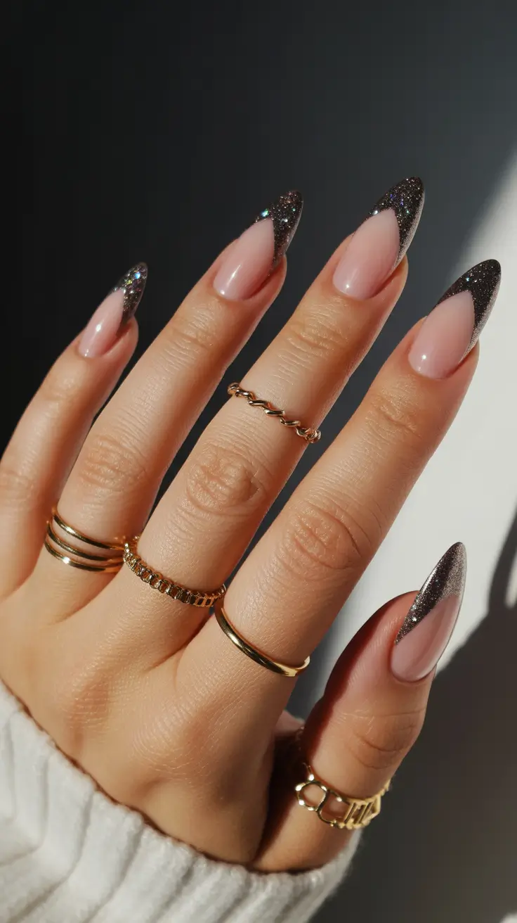 Black Nail Designs 2026 Black Glitter French Tips on Nude Almond Nails