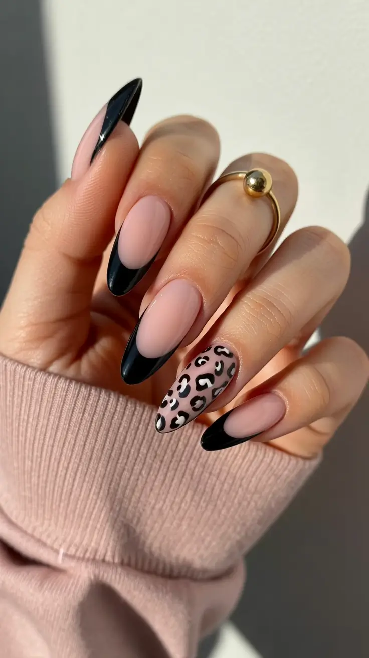 Black Nail Designs 2026 Black French Tips with Nude Base and Leopard Accent
