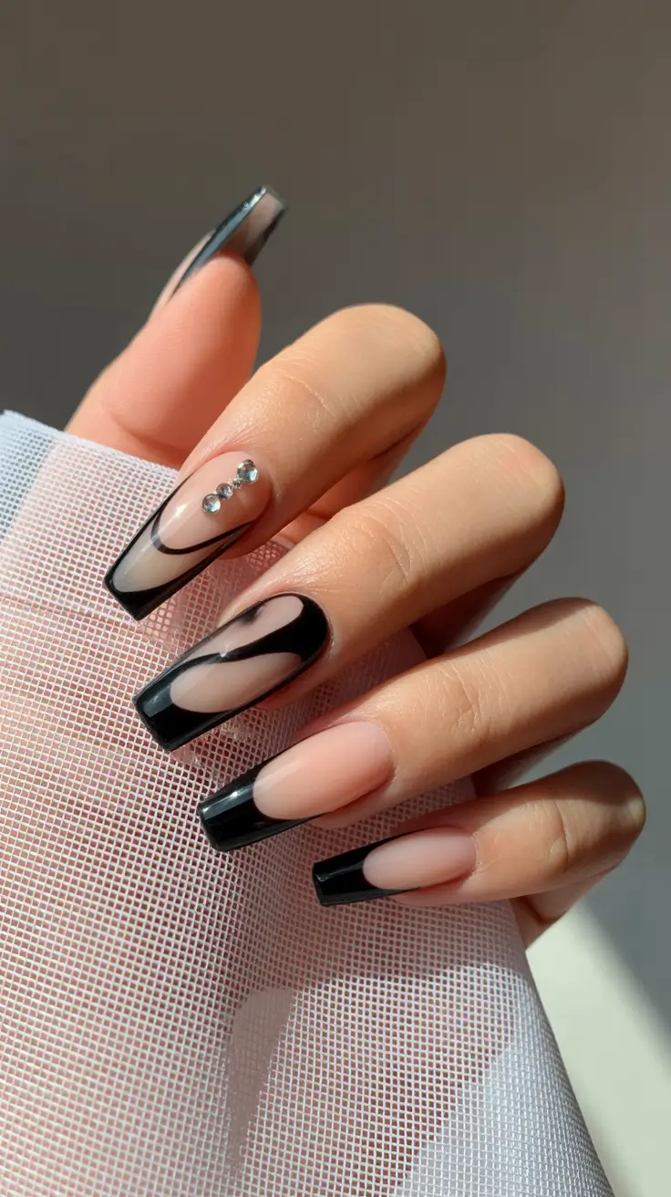Black Nail Designs 2026 Graphic Black Outline Nails with Rhinestone Accent