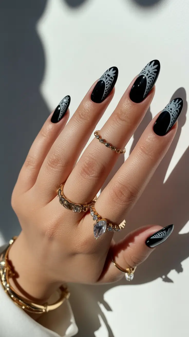 Black Nail Designs 2026 White Botanical Art