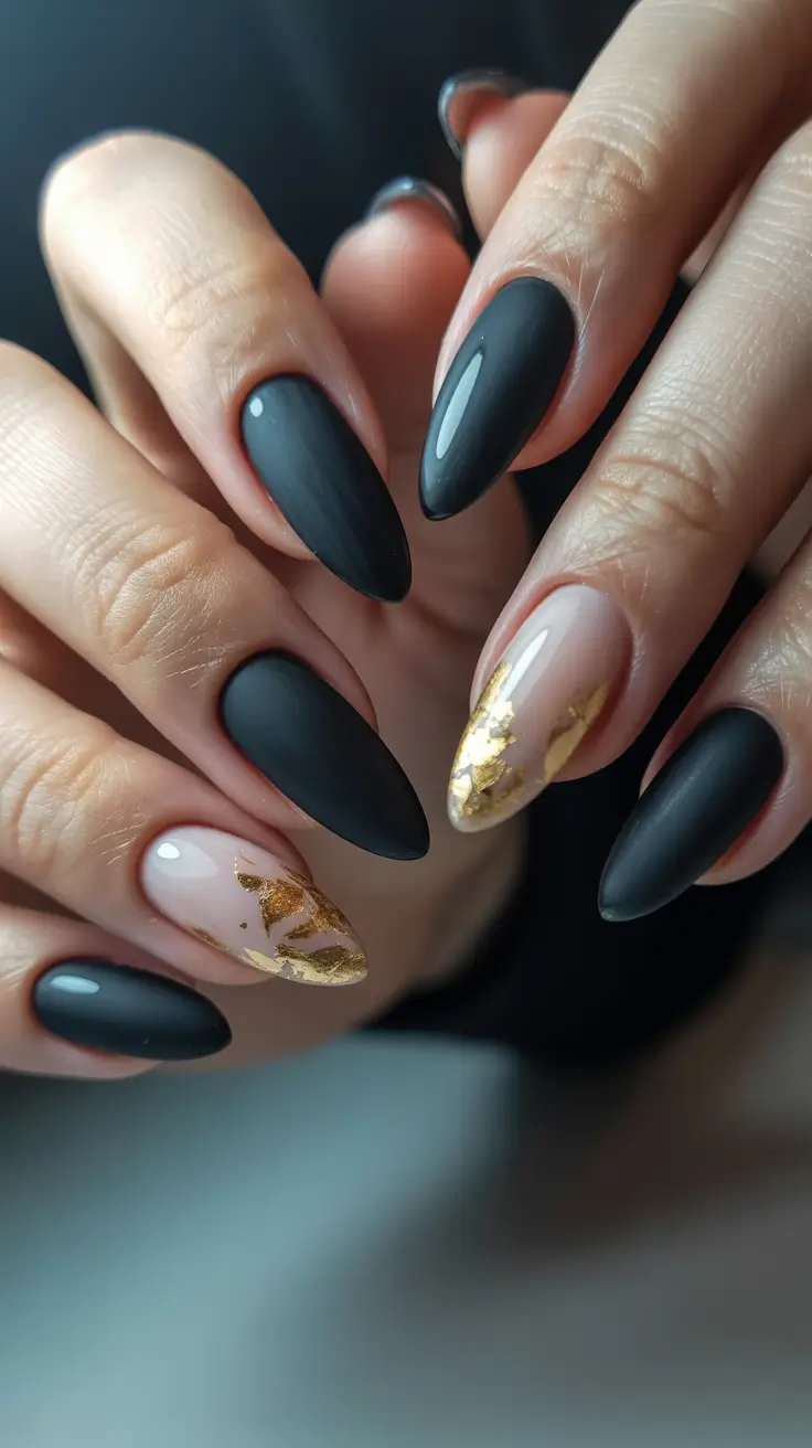 Black Nail Designs 2026 Gold Foil Matte