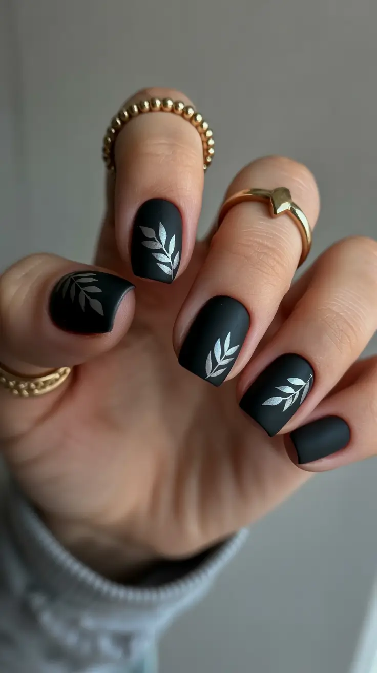 Black Nail Designs 2026 Matte Black Nails With Silver Leaf Details