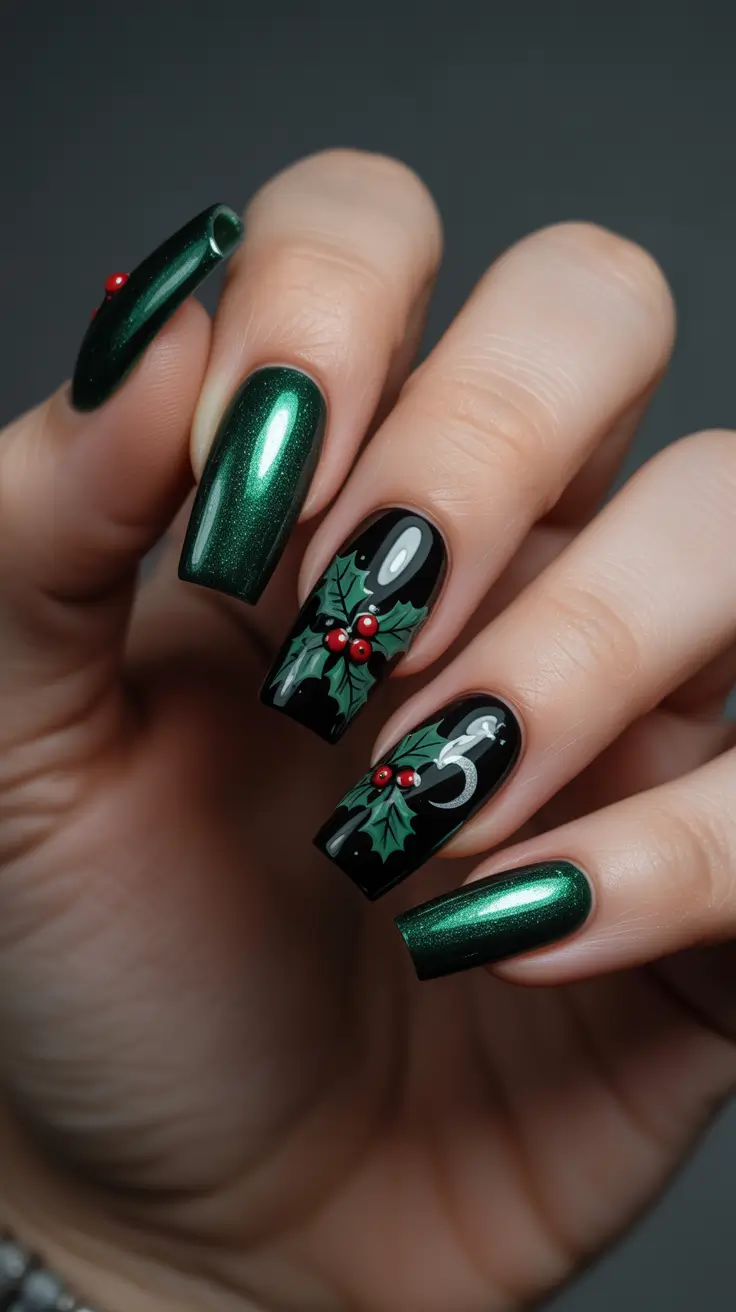 Black Nail Designs 2026 Dark Green Chrome With Black Holiday Art