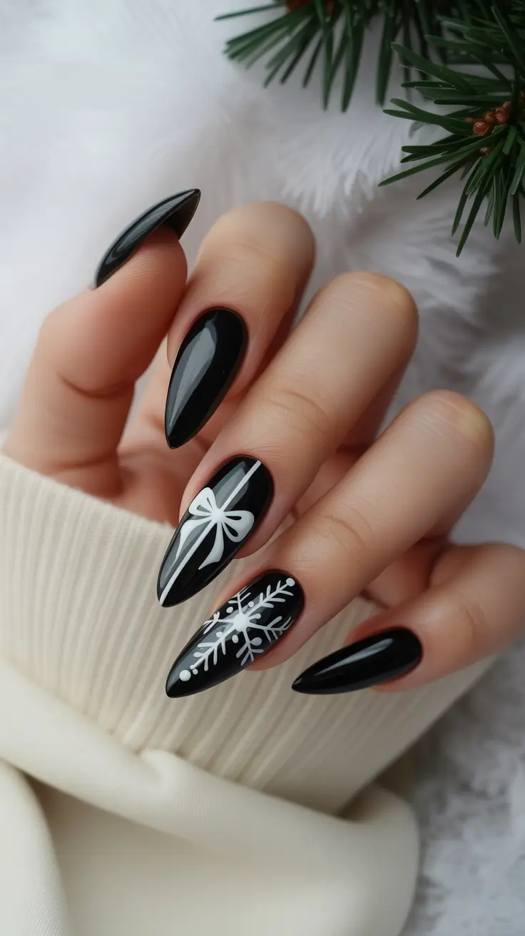 Black Nail Designs 2026 Glossy Black Stiletto With White Winter Art