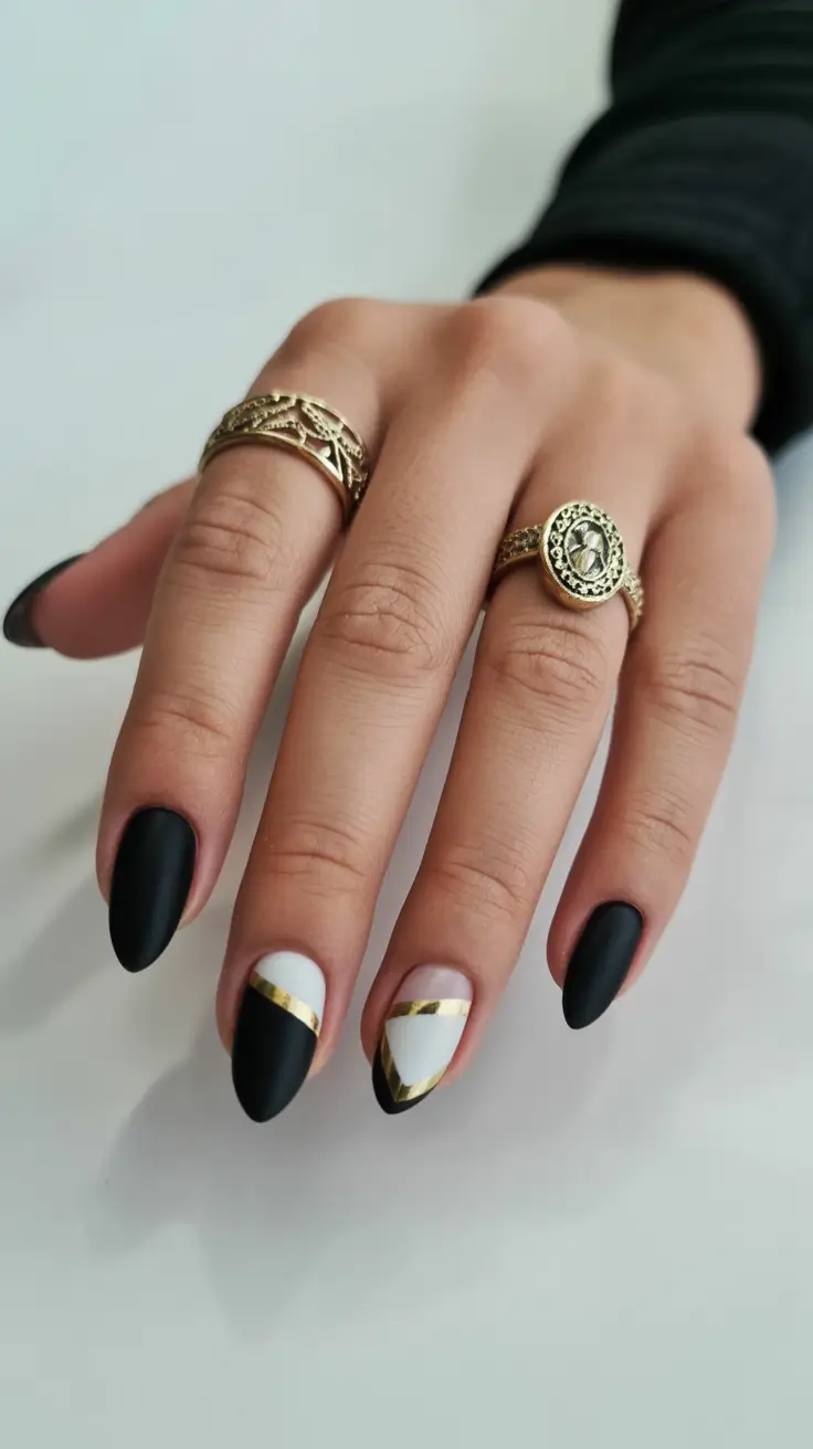 Black Nail Designs 2026 Graphic White Gold
