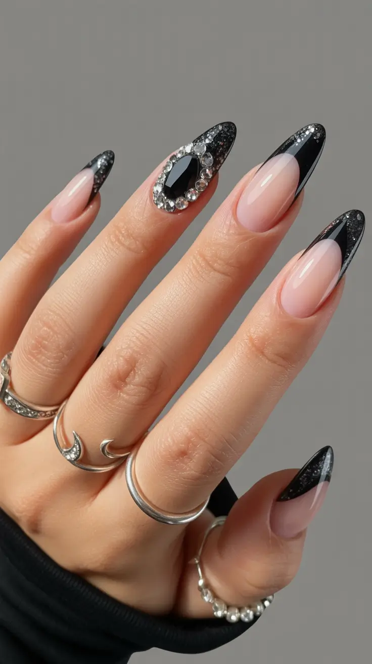 Black Nail Designs 2026 French Crystal