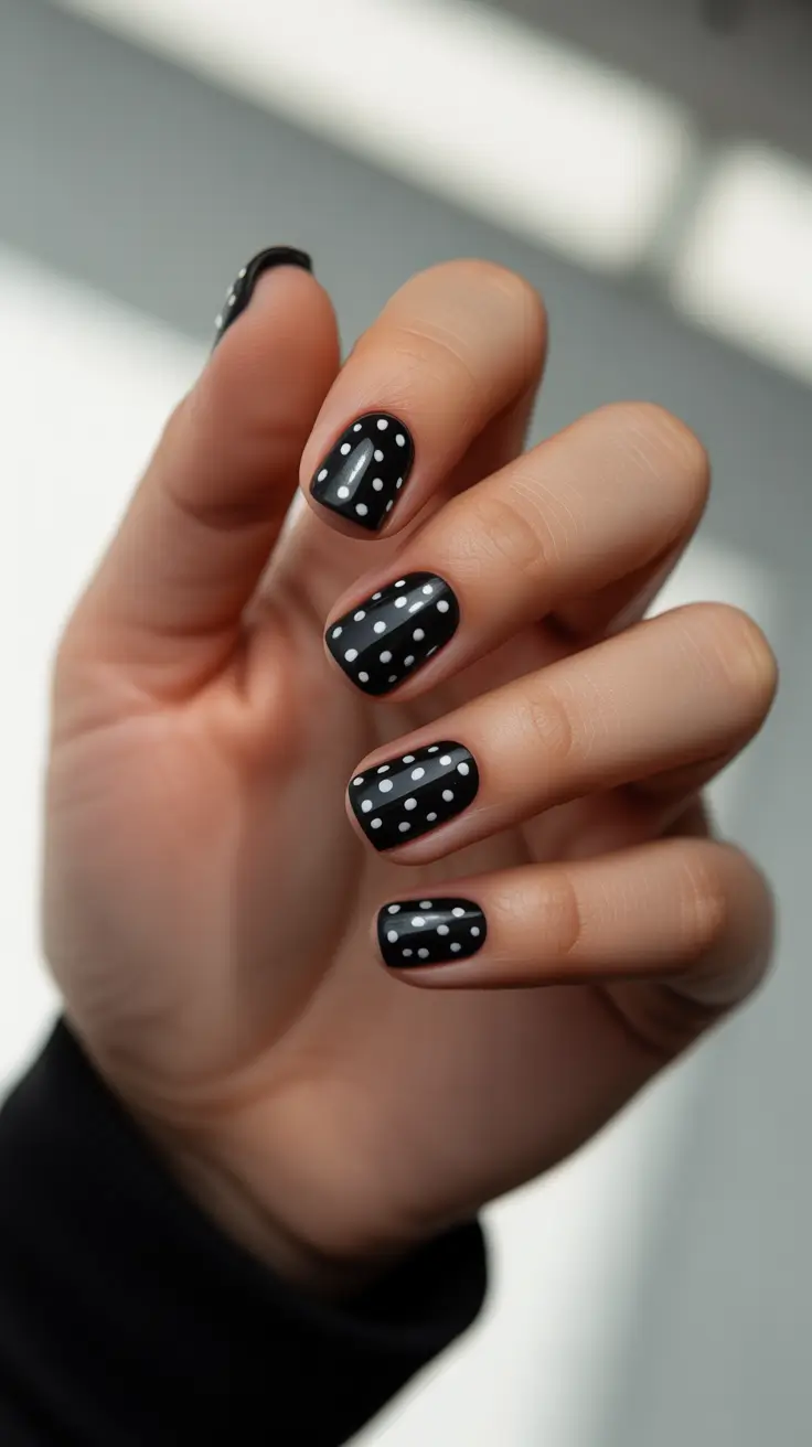 Black Nail Designs 2026 Polka Dot Black Nails for a Chic Short Moment
