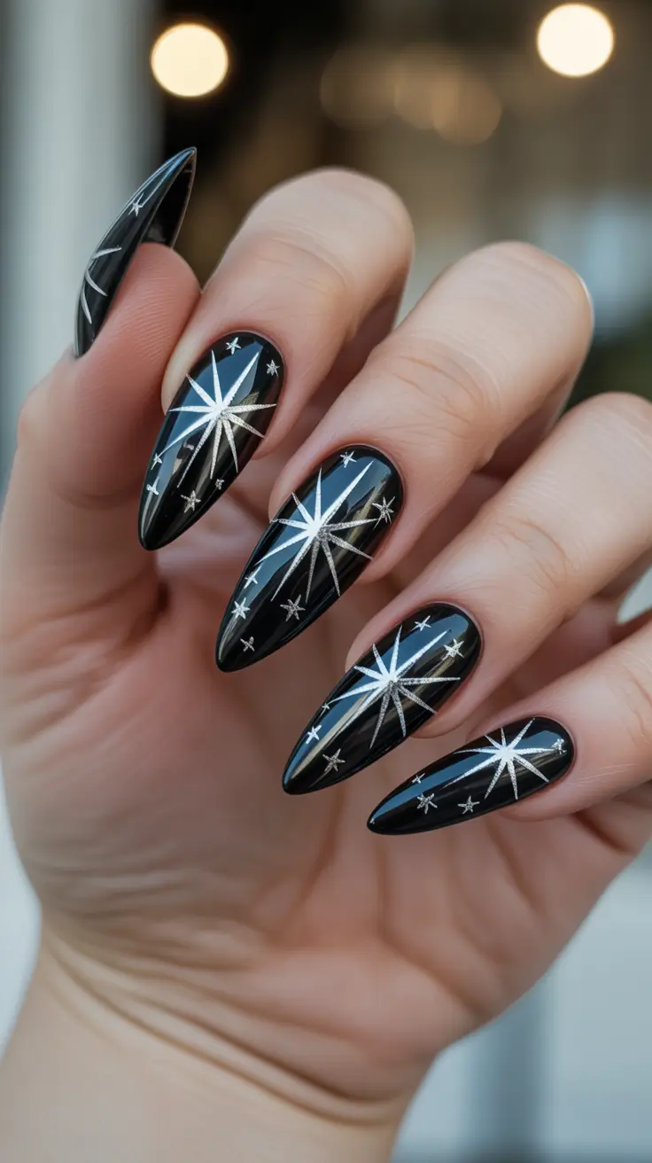 Black Nail Designs 2026 Celestial Black Nails with Silver Starburst Art