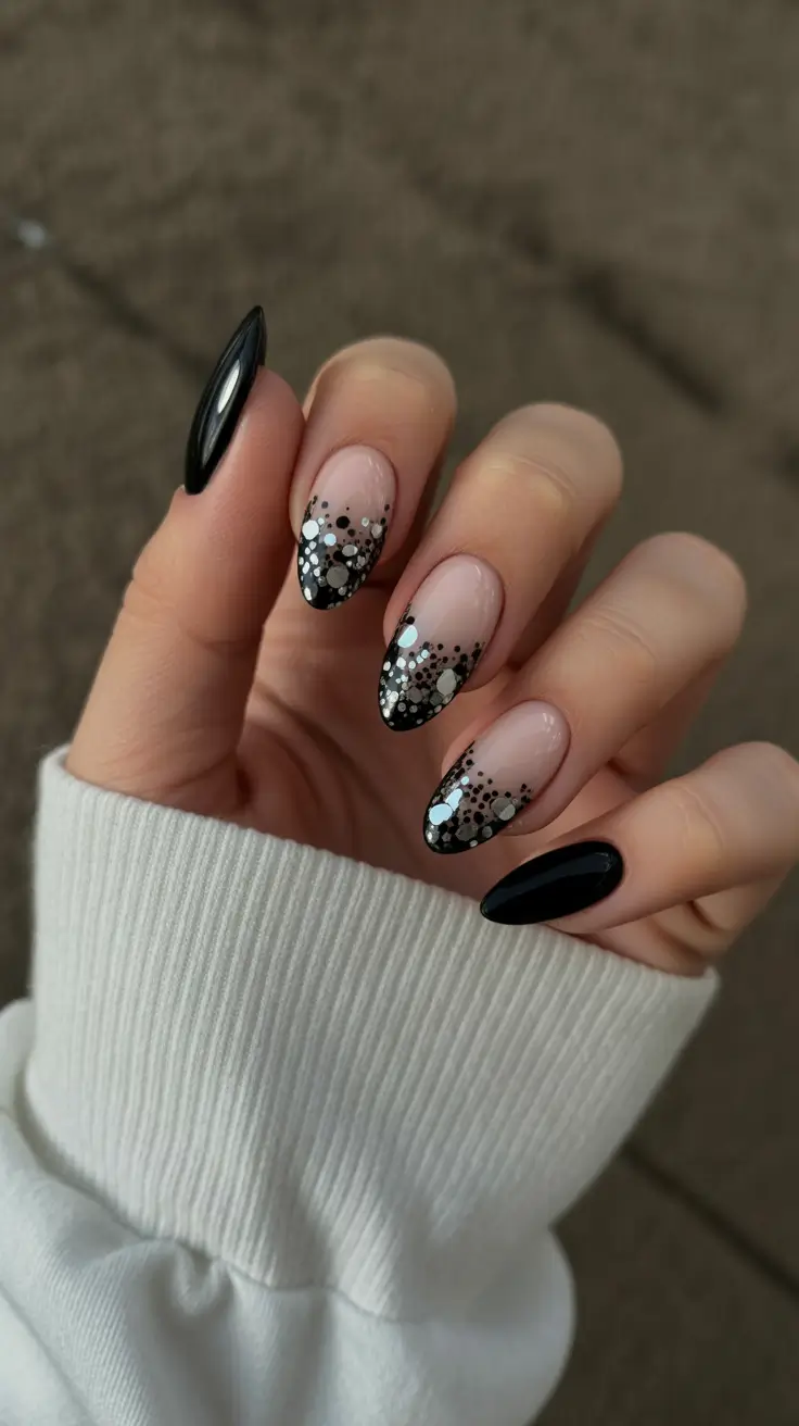 Black Nail Designs 2026 Black Glitter Fade for a Soft Party Night
