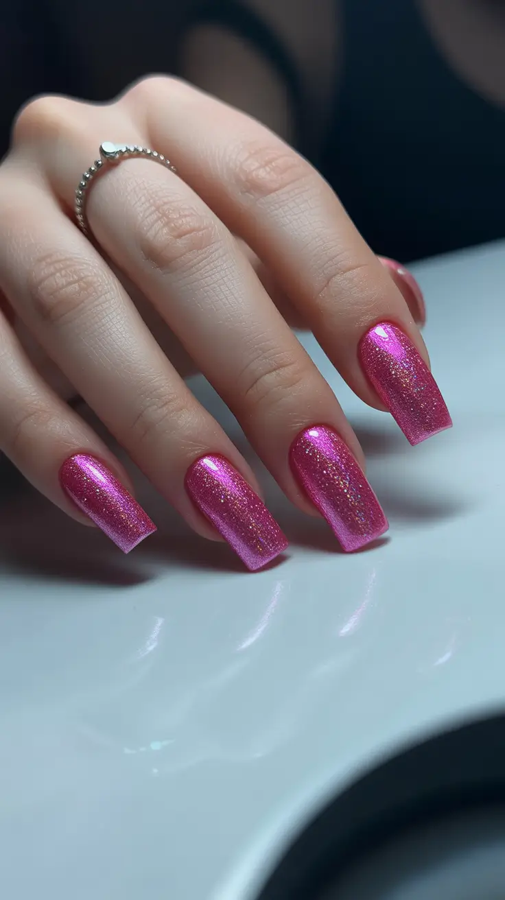 Bright Pink Nails 2026 Glitter Bright Pink With a Glossy Finish
