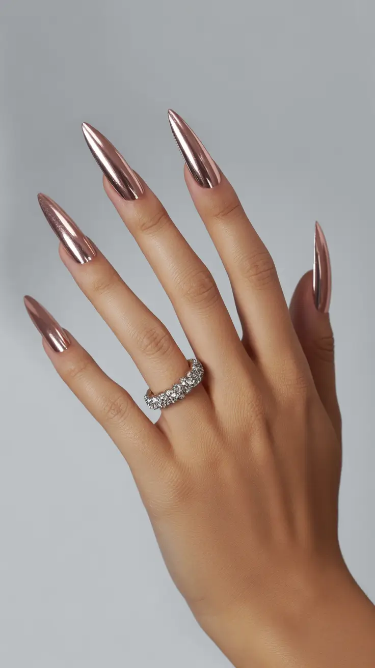 Bright Pink Nails 2026 Rose Gold Pink Chrome on Long Statement Nails