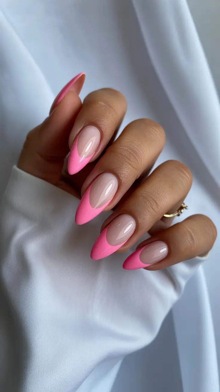 Bright Pink Nails 2026 Glossy Bright Pink French with a Modern Edge
