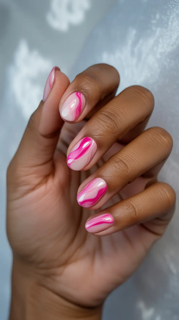 Bright Pink Nails 2026 Bright Pink Marble Swirls on a Milky Base