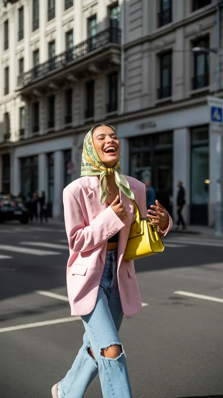 Blazer outfits 2026 - pink blazer with scarf