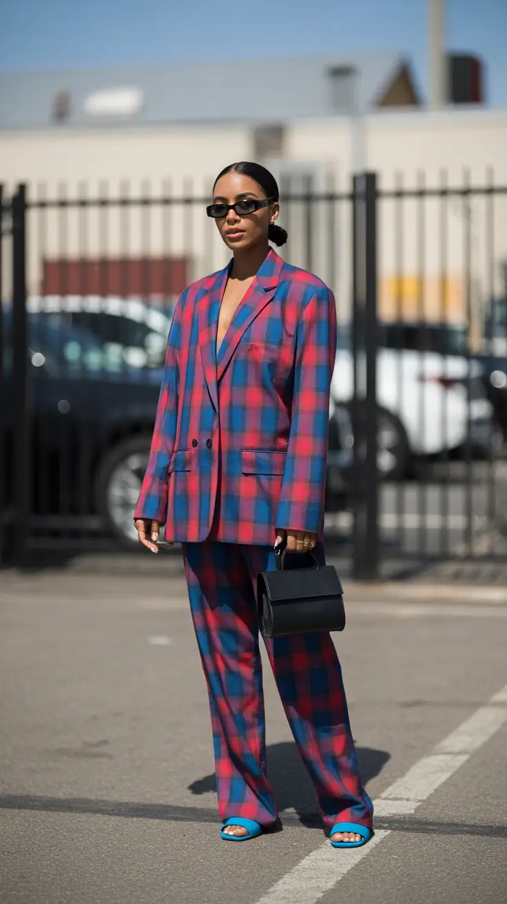 Blazer outfits 2026 - plaid red and blue
