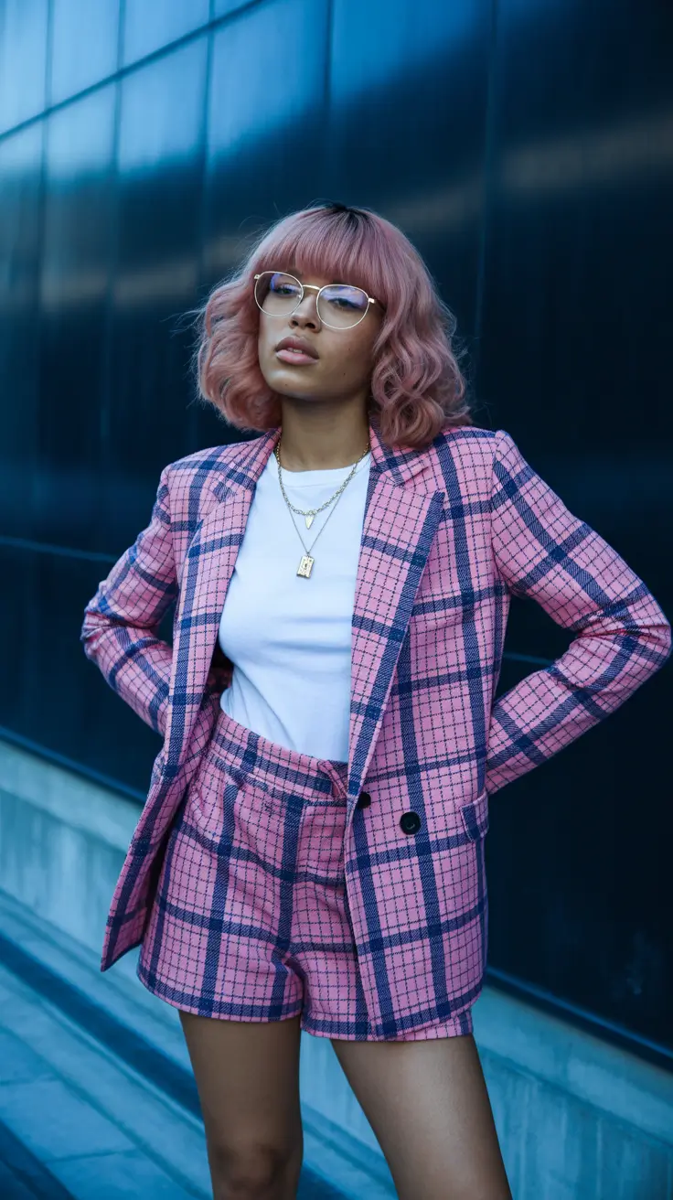 Blazer outfits 2026 - pink plaid set