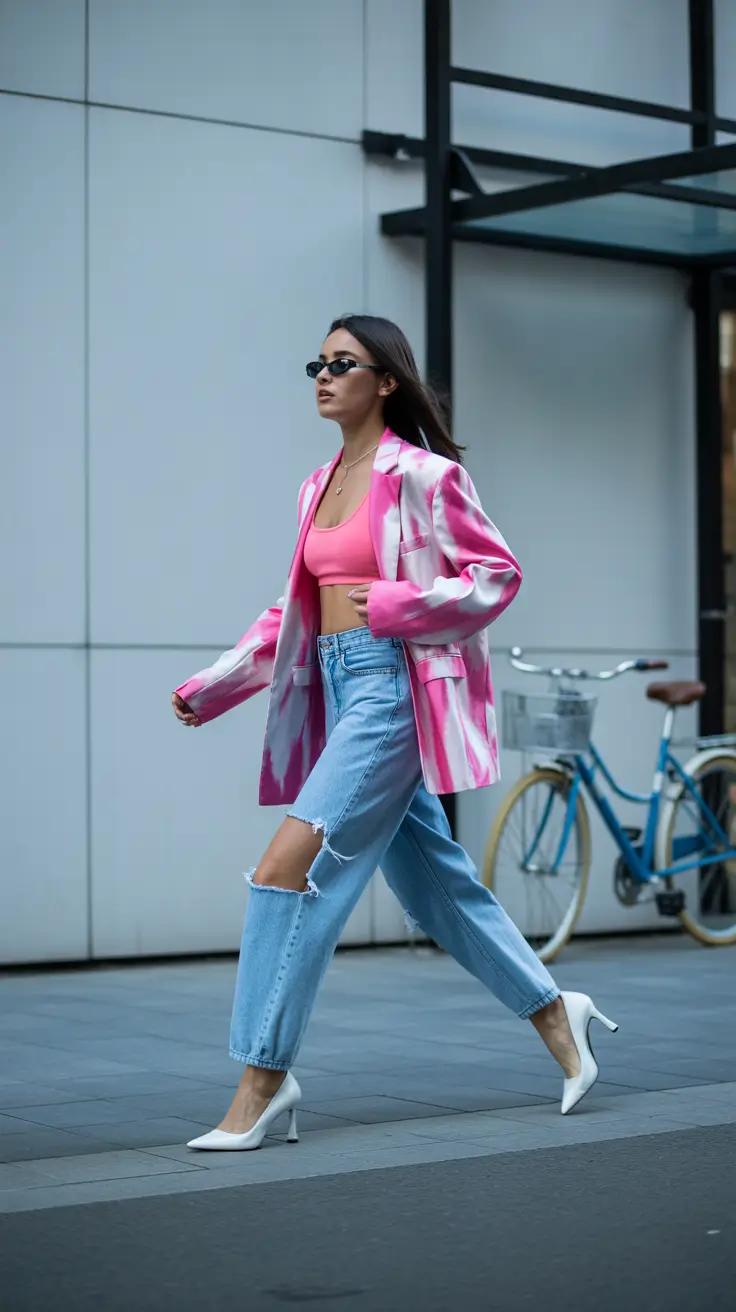 Blazer outfits 2026 - pink tie-dye blazer