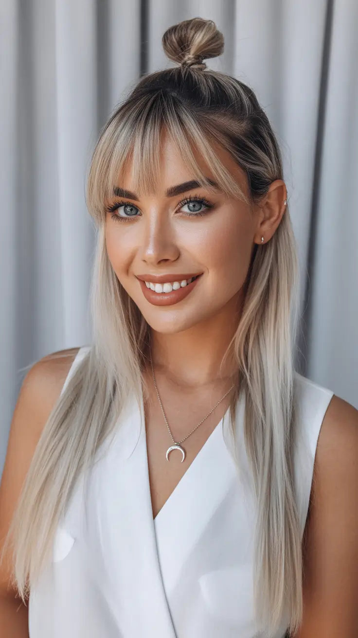 straight hairstyle 2026 Sleek Half-Up with Soft Bangs