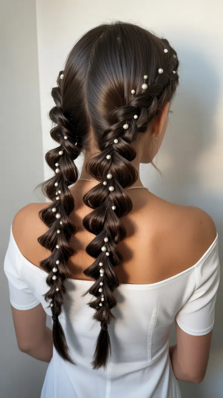 straight hairstyle 2026 Playful Twin Braids With Pearl Accents