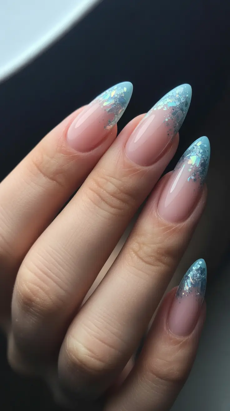 Classy Nails Aesthetic 2026 Baby Blue Shimmer Almond Nails With a Frosted Edge