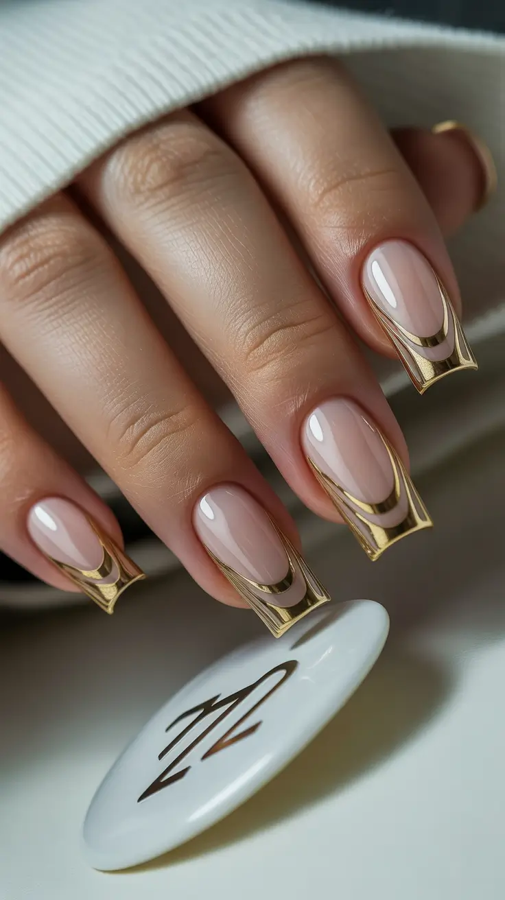 Classy Nails Aesthetic 2026 Nude Coffin Nails With Sculpted Gold Frames