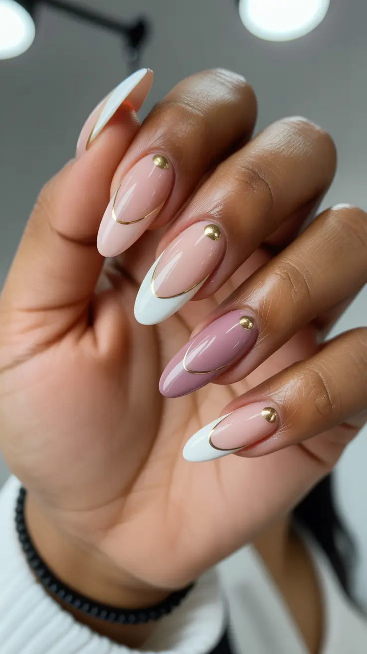 Classy Nails Aesthetic 2026 Pastel French Almond Nails With Gold Dot Details
