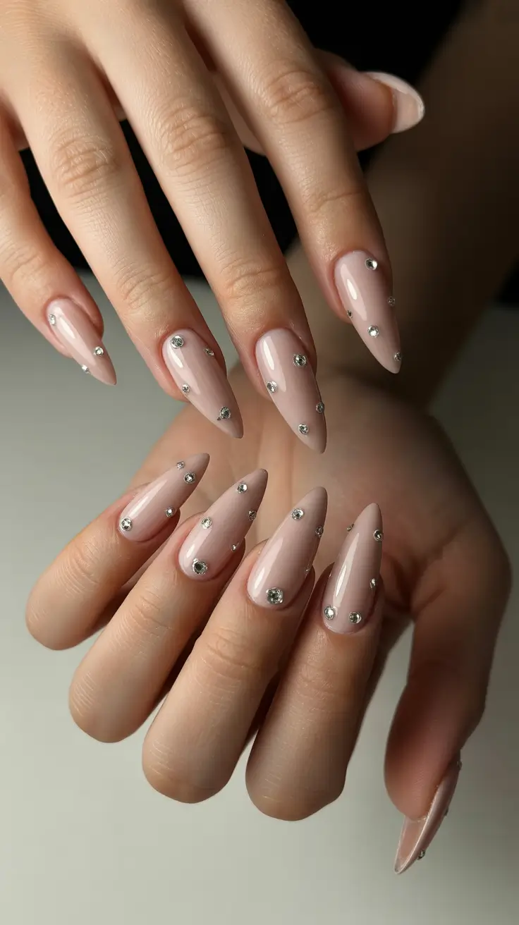 Classy Nails Aesthetic 2026 Nude Stiletto Nails With Crystal Sprinkle Accents