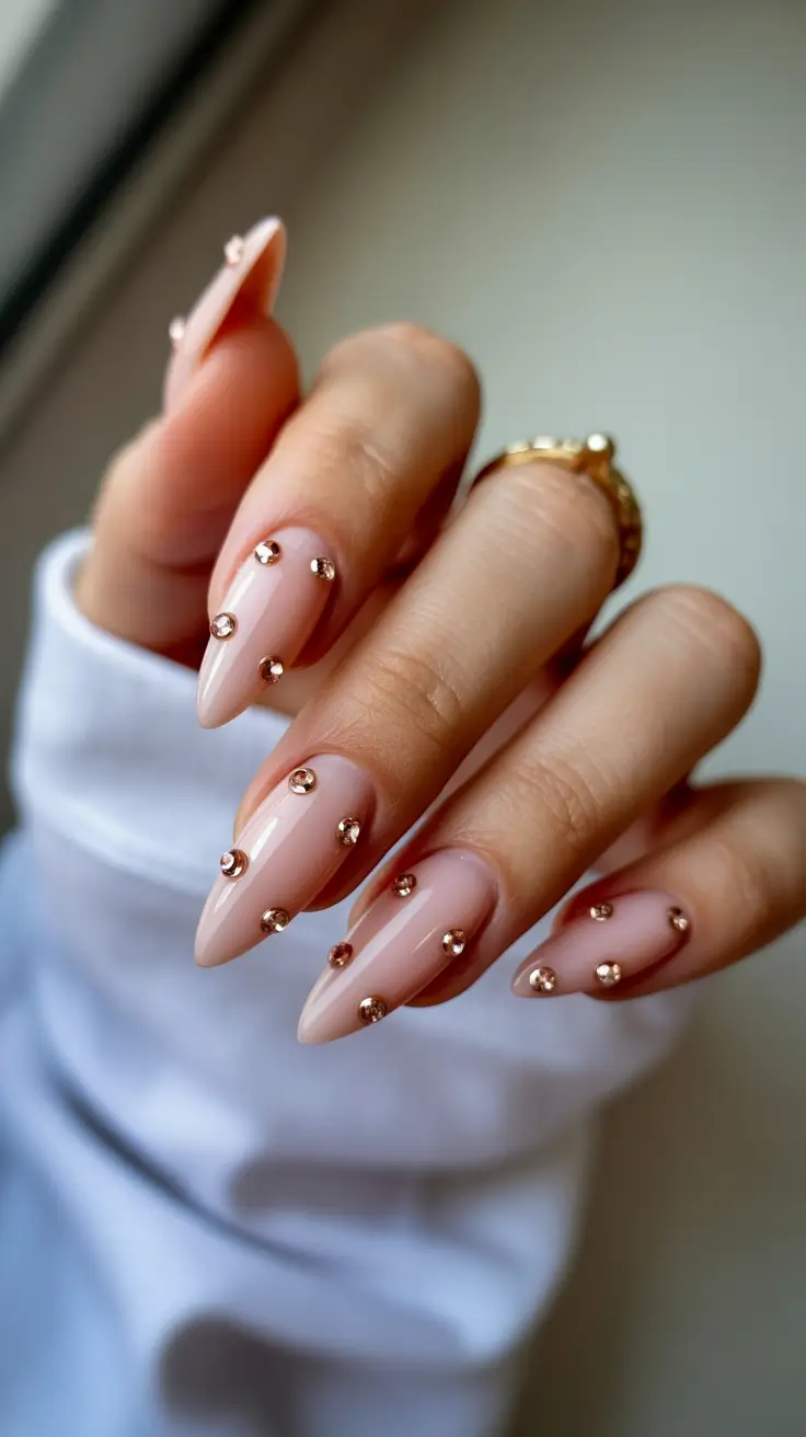 classy nails aesthetic 2026 Soft Nude Almond With Gold Stud Accents