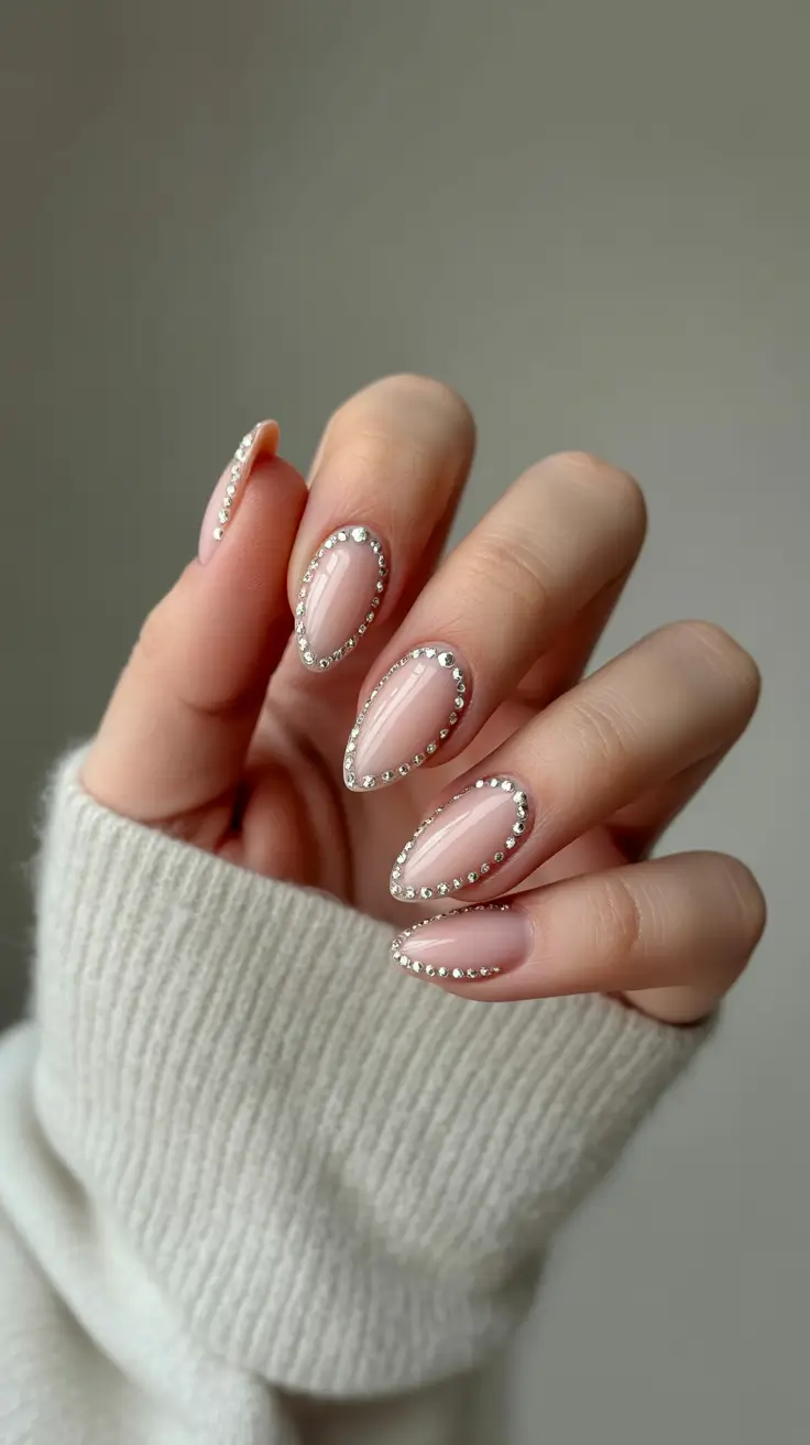 classy nails aesthetic 2026 Blush Pink Almond With Crystal Outlines