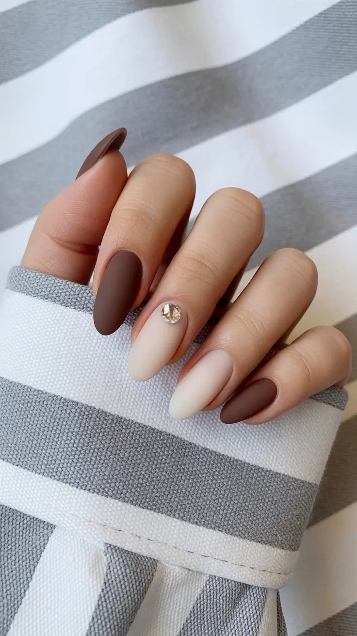 classy nails aesthetic 2026 Matte Cocoa and Cream Almond With One Crystal Moment