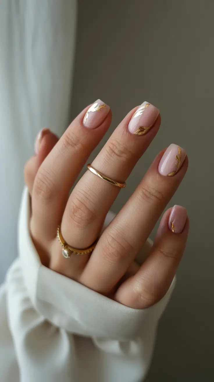 classy nails aesthetic 2026 Soft Pink Short Nails With Delicate Gold Foil Touches