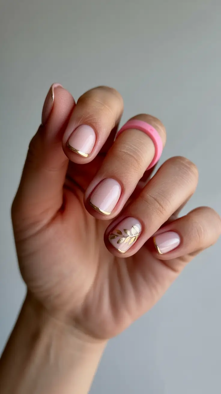 classy nails aesthetic 2026 Classic Short Nude With Thin Gold Tips and One Botanical Accent