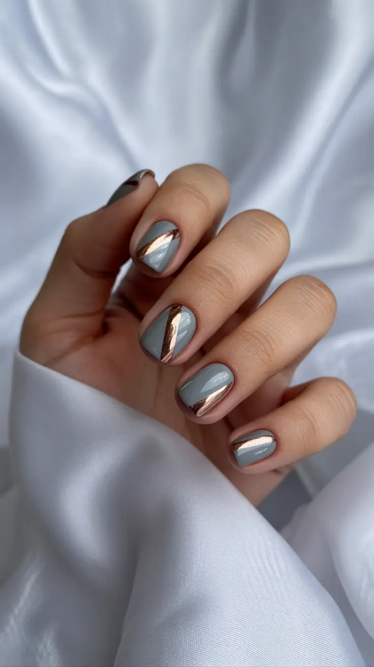 Classy Nails Aesthetic 2026 Soft Gray Nails With Rose Gold Waves