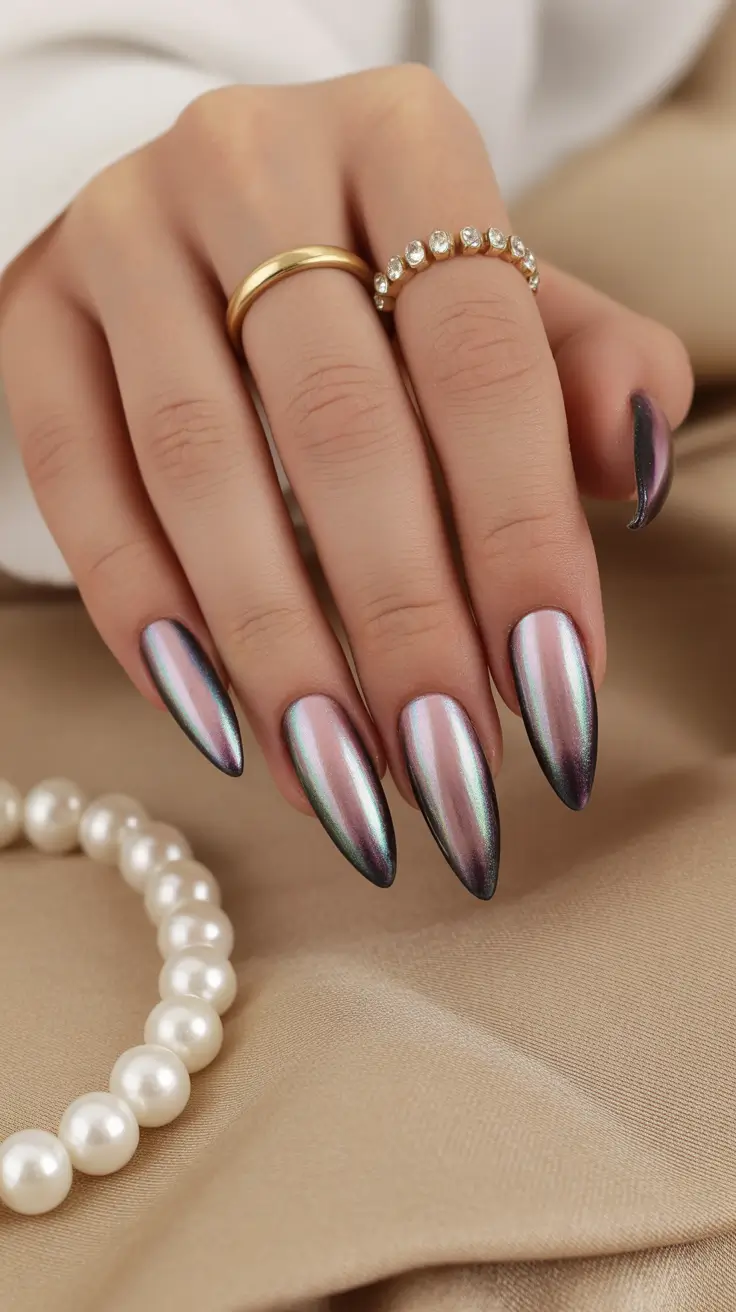 Classy Nails Aesthetic 2026 Iridescent Chrome Almond Nails With Dark Tips