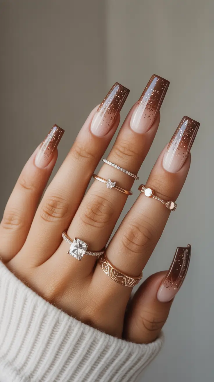 Coffin Shape Nails Ideas 2026 Glossy Brown