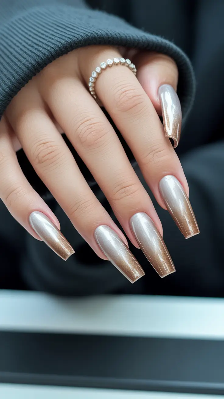 Coffin Shape Nails Ideas 2026 Metallic Ombre