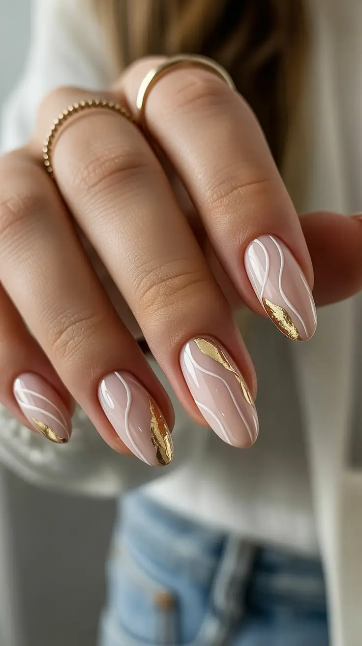 Creative Acrylic Nails 2026 Soft Nude Gold Flow