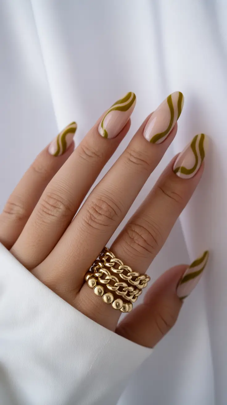 Creative Acrylic Nails 2026 Nude Green Wave Design