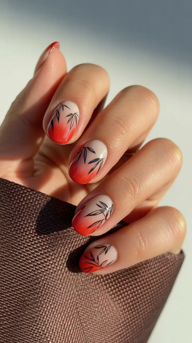 Creative Acrylic Nails 2026 Red Ombre Botanical Design