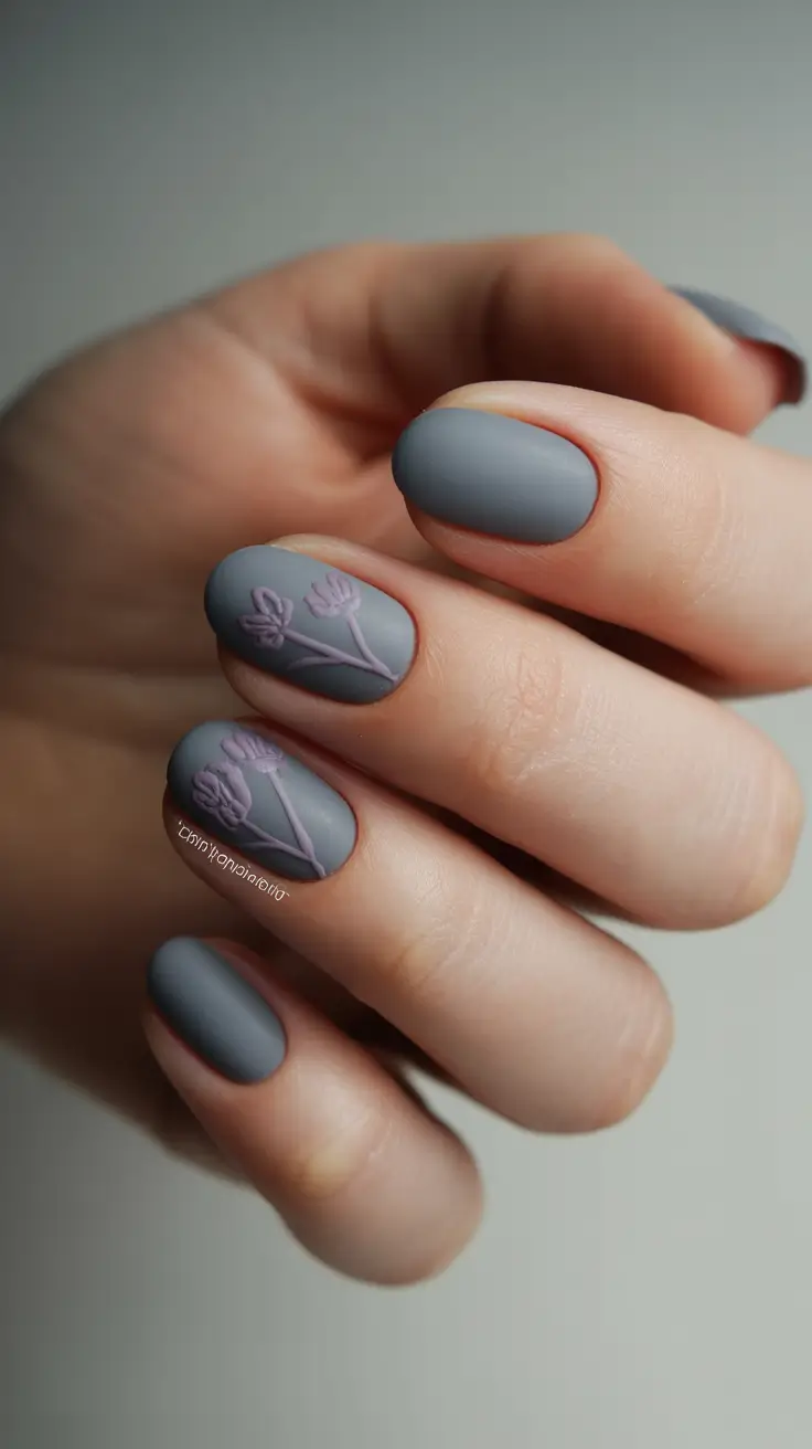 Creative Acrylic Nails 2026 Matte Gray Floral