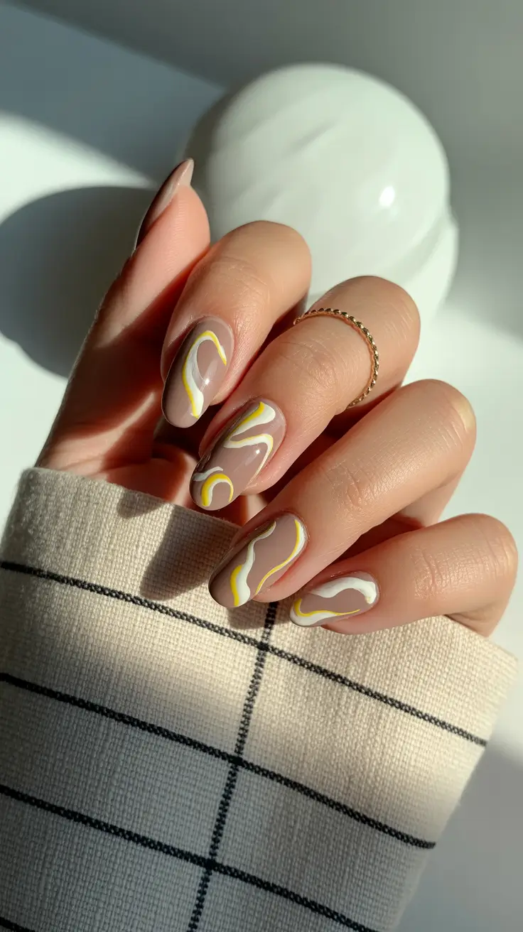 Creative Acrylic Nails 2026 Nude Yellow Lines