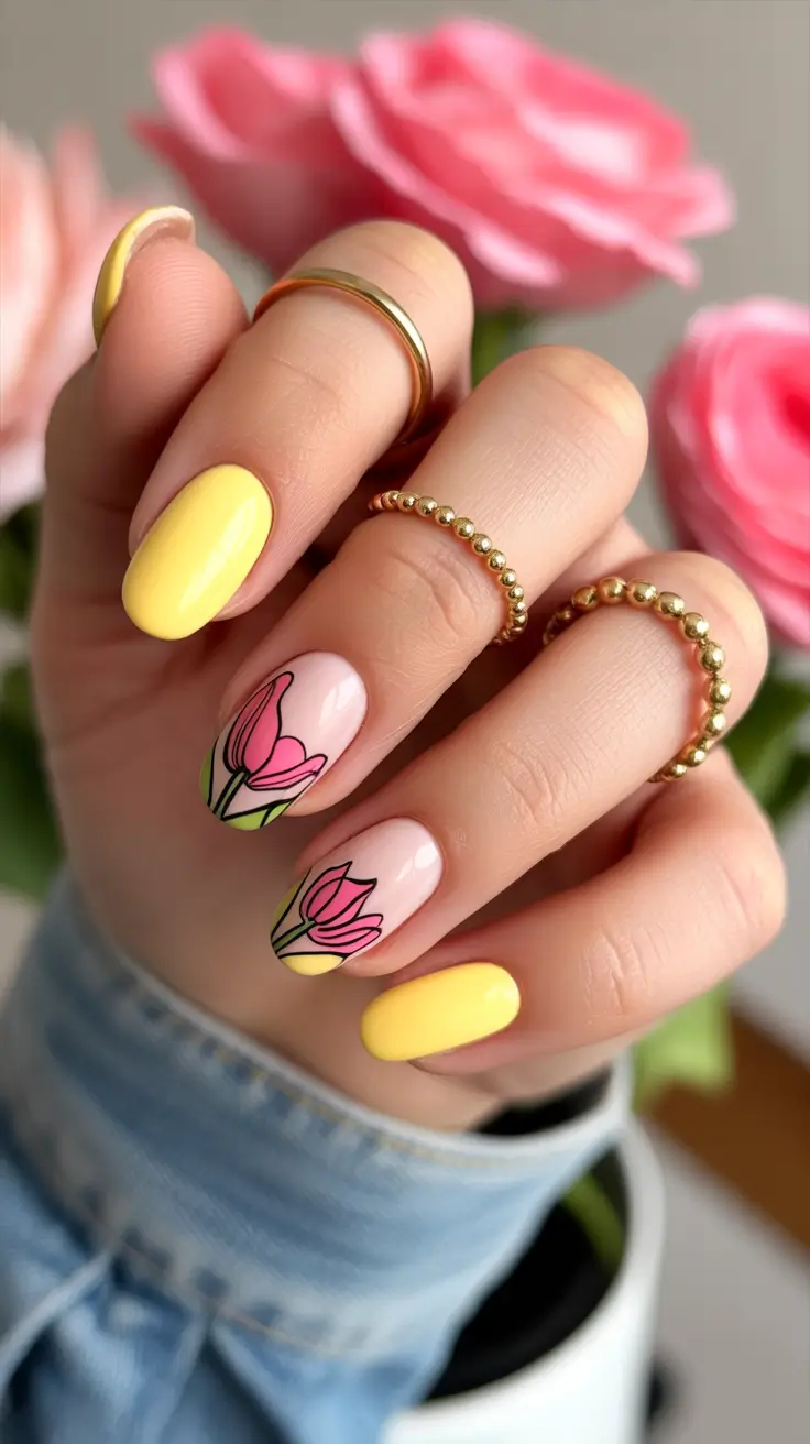 Creative Short Almond Nails 2026 Sunny Yellow With Simple Tulip Art