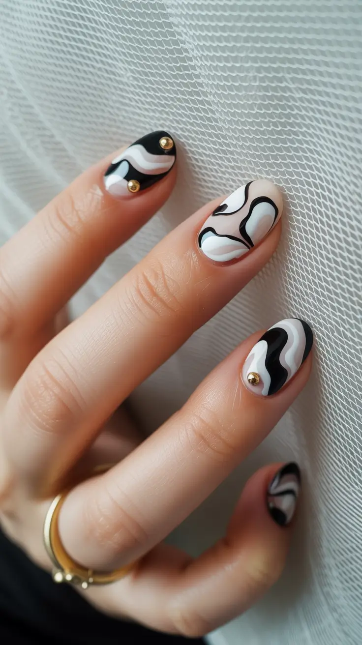 Creative Short Almond Nails 2026 Black And White Swirls With Gold Studs