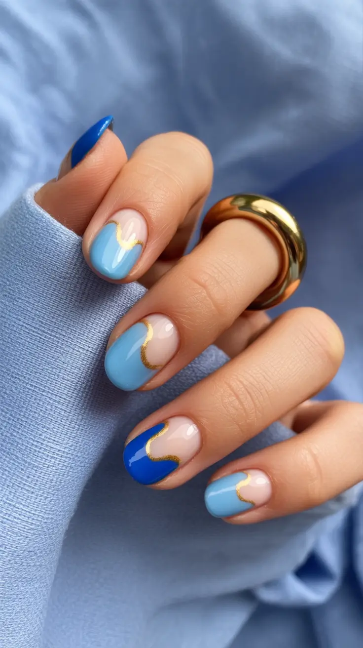 Creative Short Almond Nails 2026 Blue Color Block With Gold Outline
