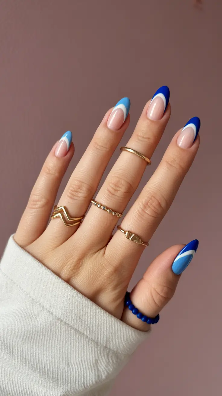 Creative Short Almond Nails 2026 Double Blue French With Crisp Tips