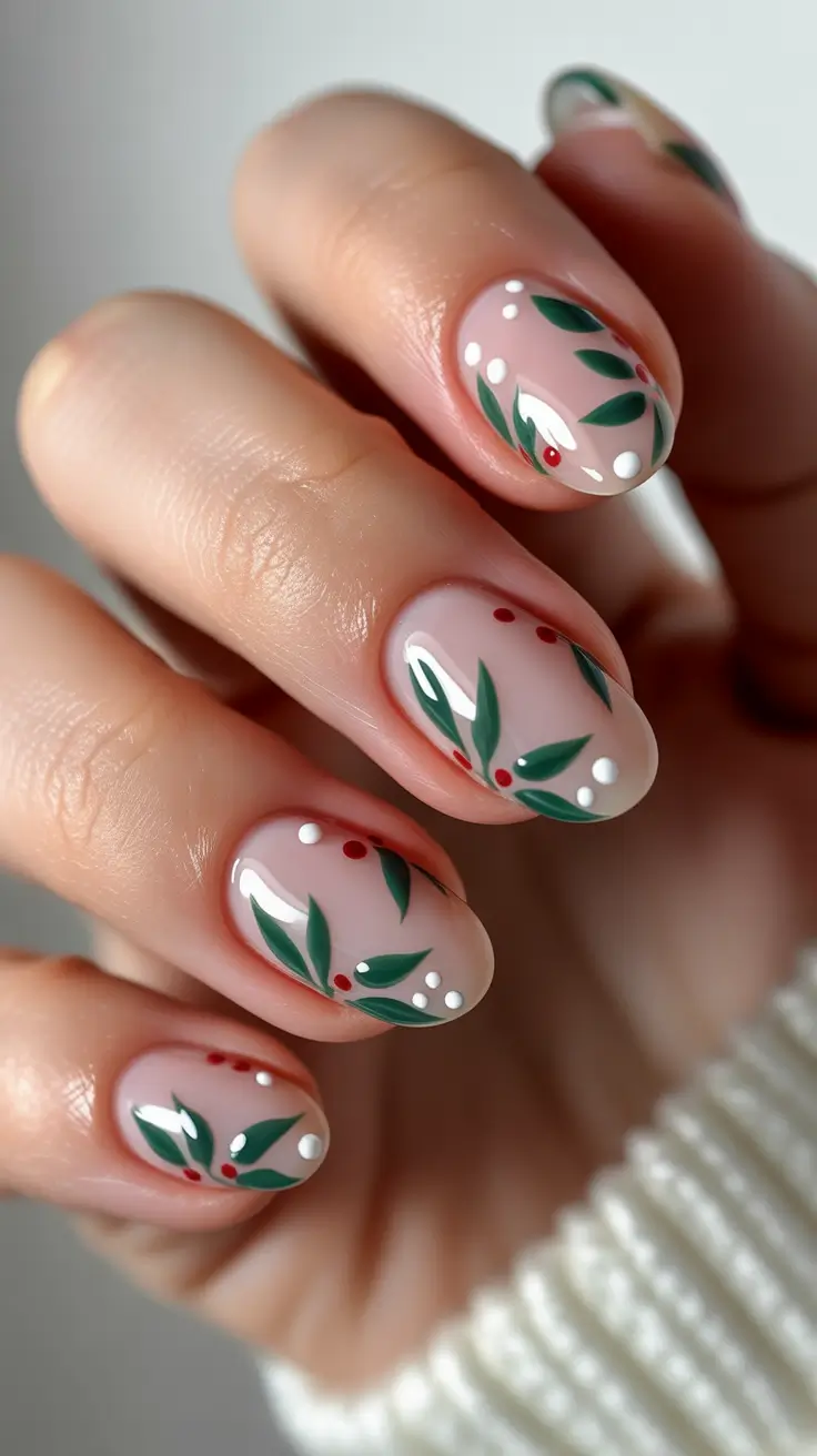 Creative Short Almond Nails 2026 Winter Greenery On Sheer Nude