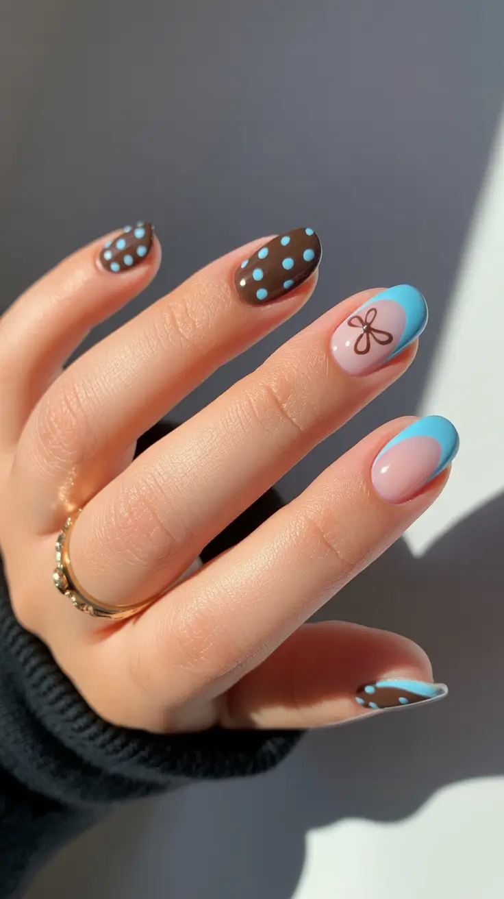 Creative Short Almond Nails 2026 Chocolate And Blue French With Playful Dots
