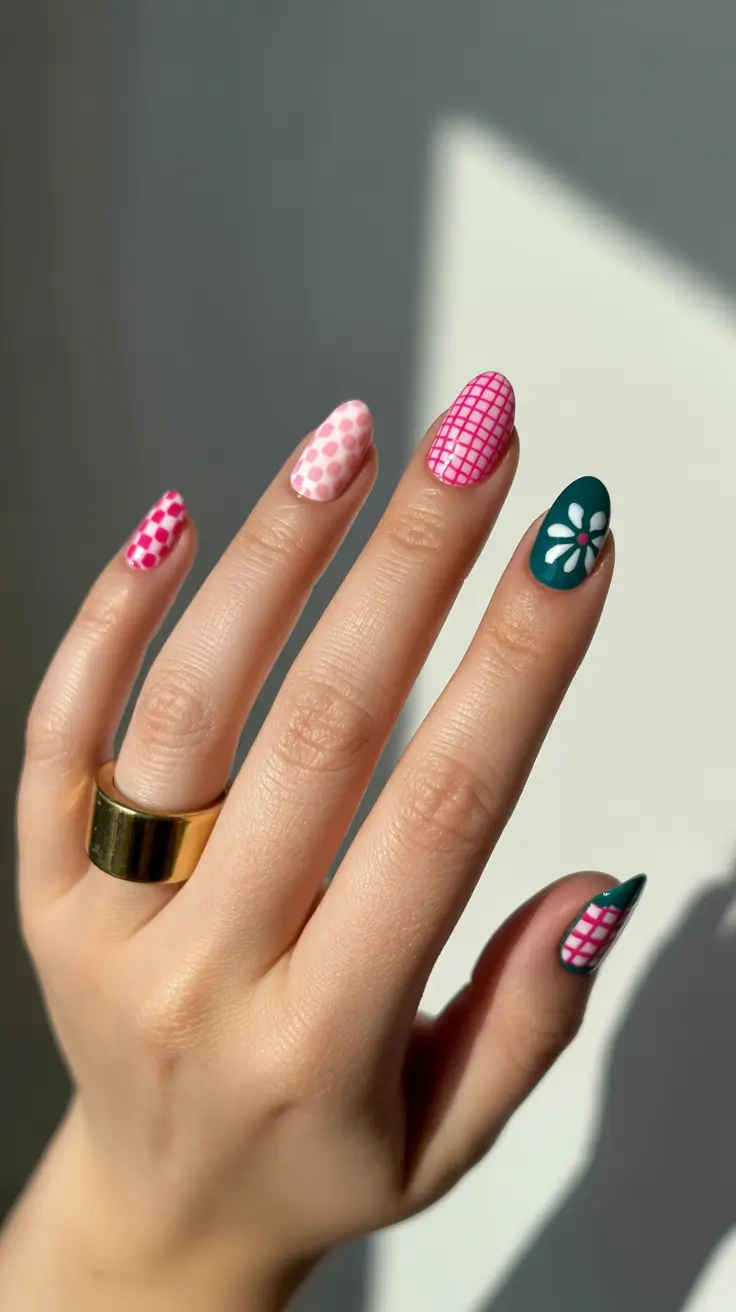 Creative Short Almond Nails 2026 Playful Pink Geometry