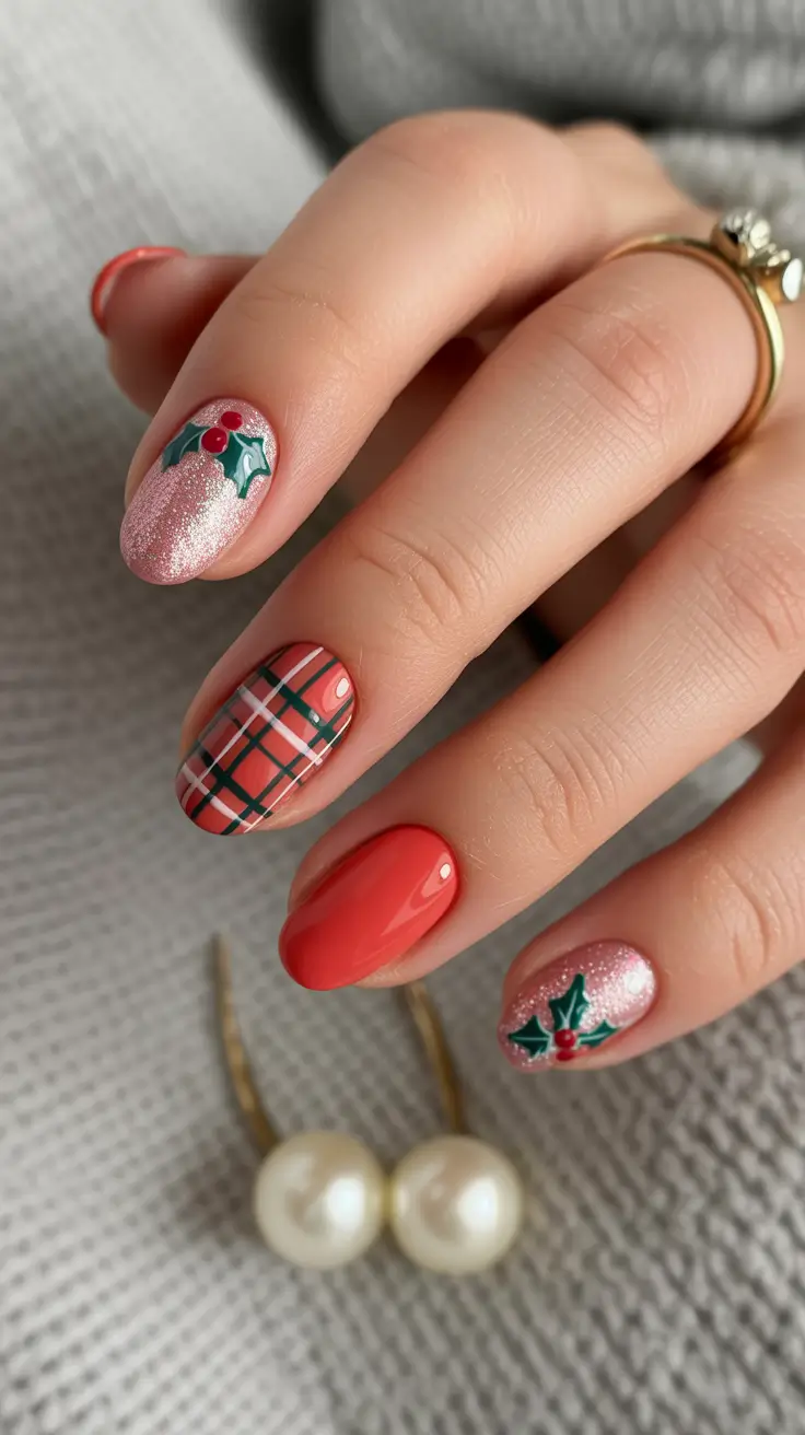 Creative Short Almond Nails 2026 Red Plaid Design