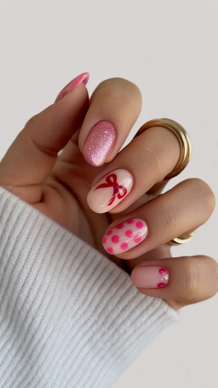 Creative Short Almond Nails 2026 Valentine Pink Design